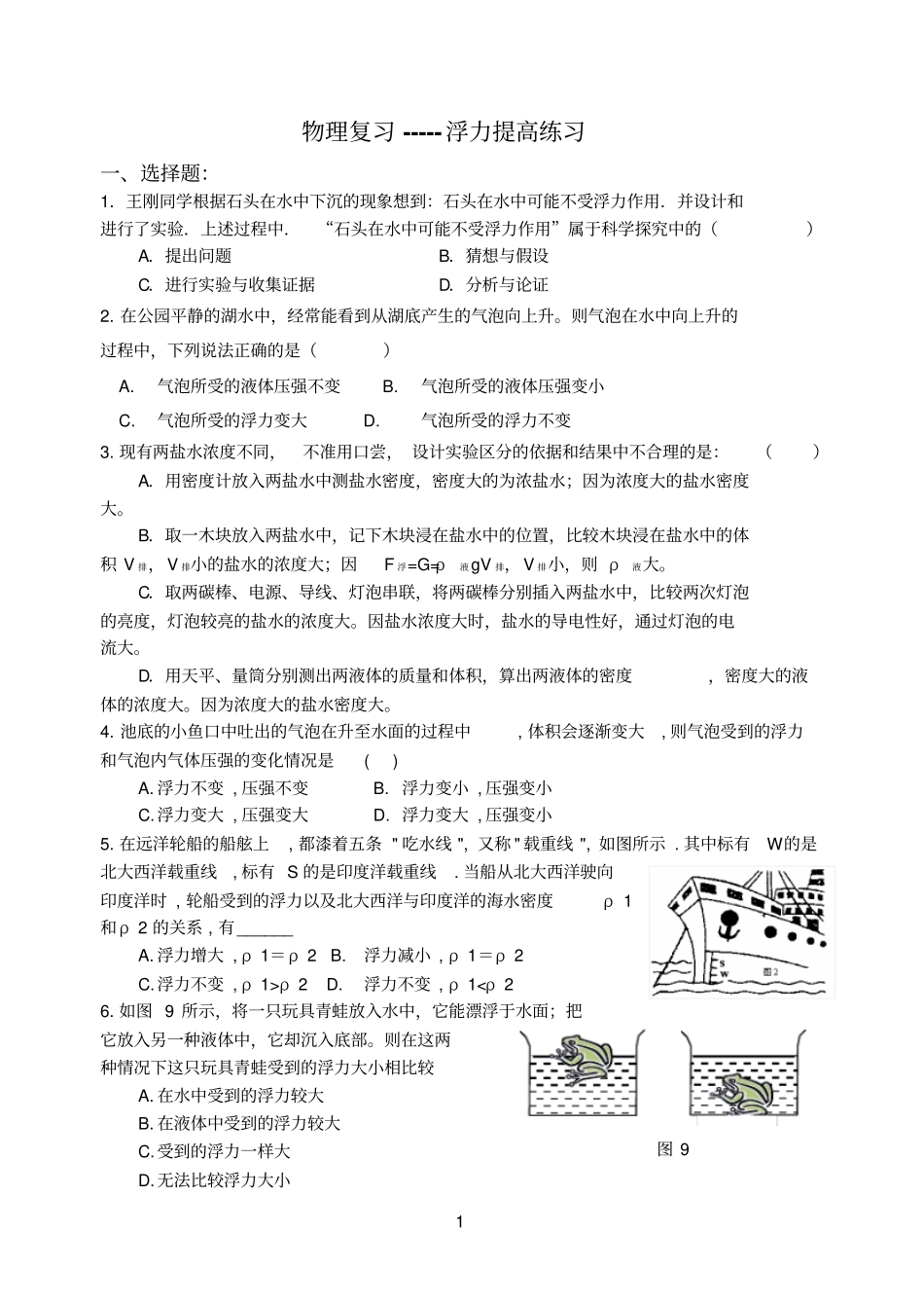 浮力习题--提高部分参考资料_第1页