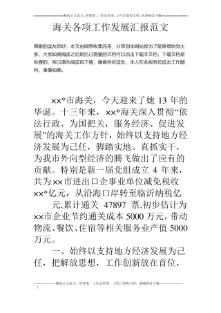 海关各项工作发展汇报范文