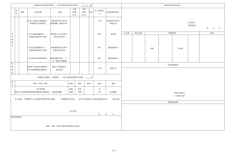 海南大学教师系列高级专业技术资格评审推荐表_第2页