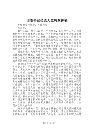 团委书记侯选人竞聘演讲致辞稿范文