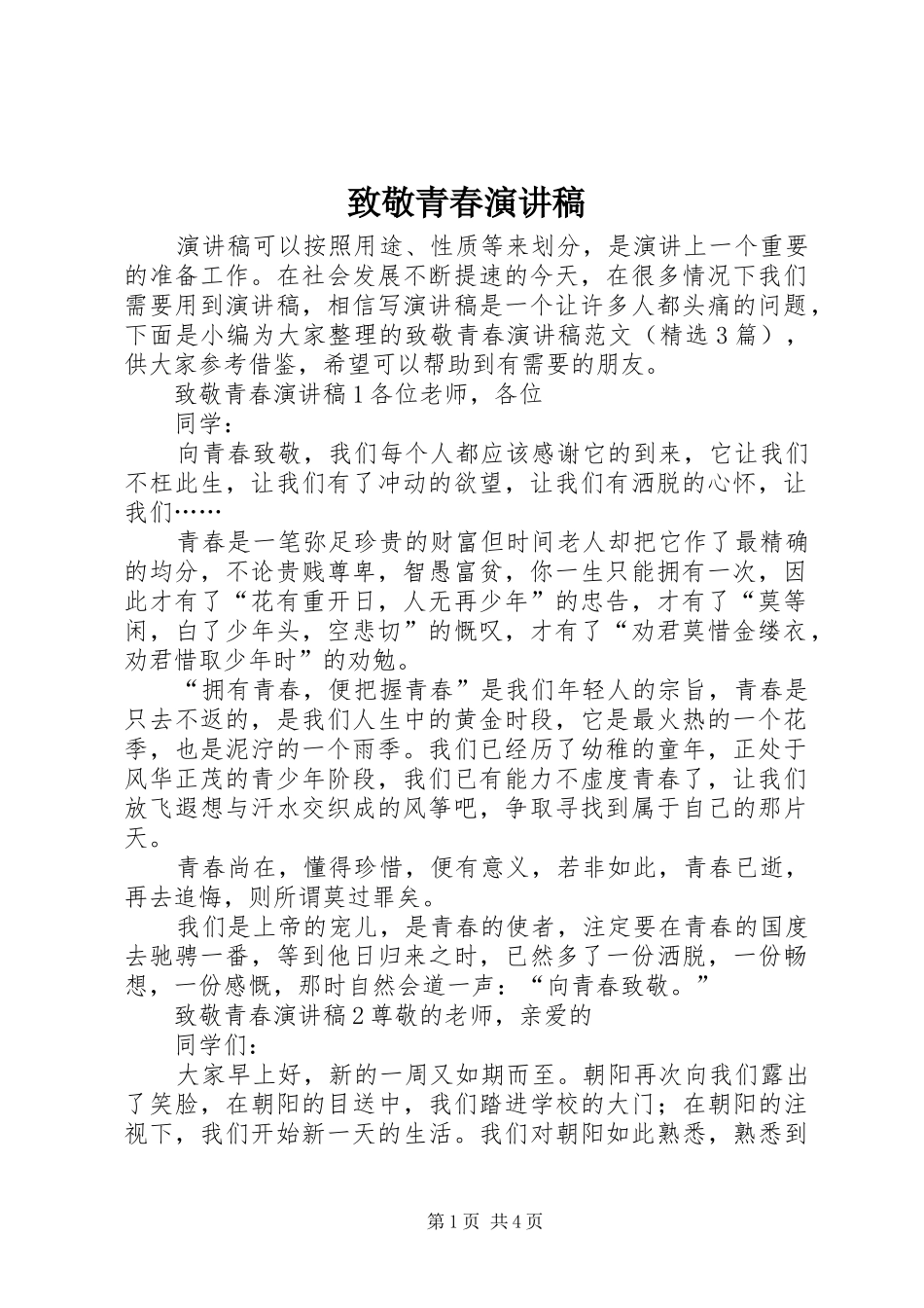 致敬青春演讲稿范文_第1页