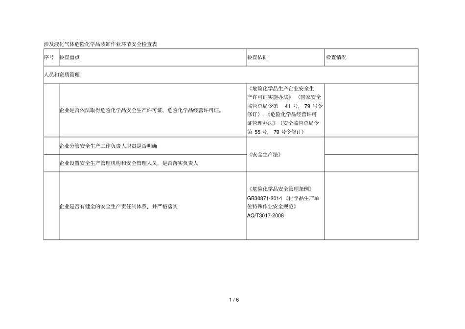 涉及液化气体危险化学品装卸作业环节安全检查表_第1页