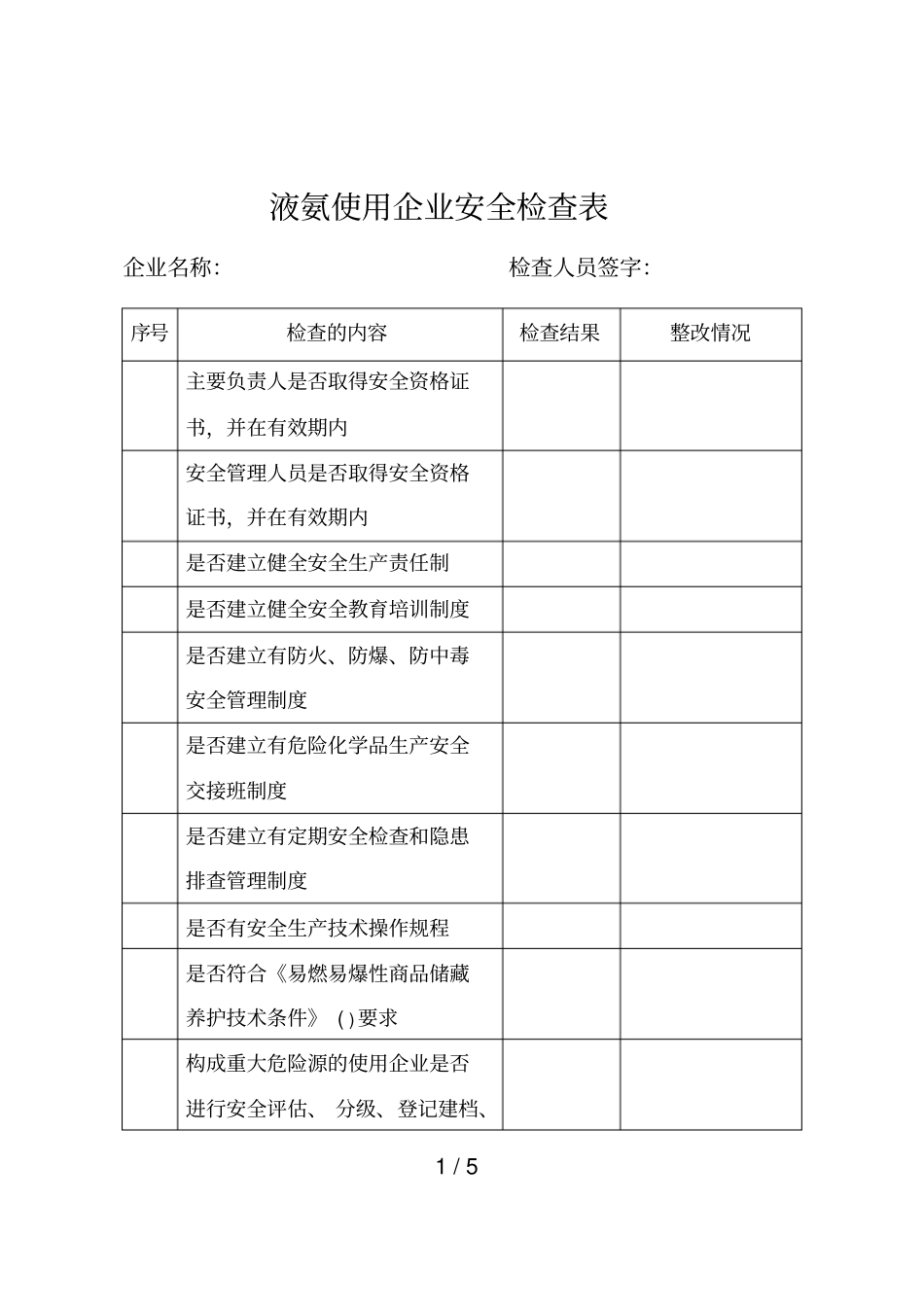 液氨使用企业安全检查表_第1页
