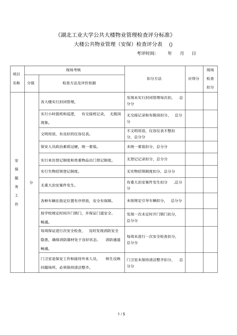湖北工业大学公共大楼物业管理检查评分标准_第1页