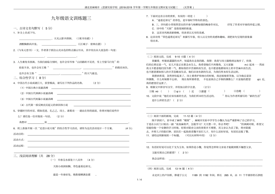 湖北麻城思源试验学校2018-2019学年第一学期九年级语文期末复习试题三无答案_第1页