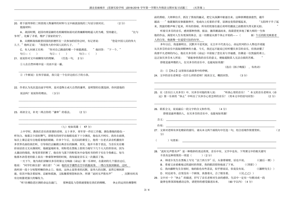 湖北麻城思源试验学校2018-2019学年第一学期九年级语文期末复习试题三无答案_第3页