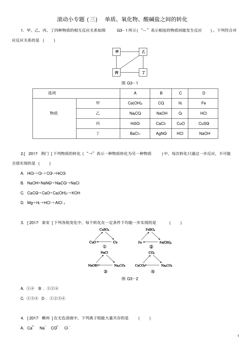 湖南中考化学复习滚动小专题三单质、氧化物、酸碱盐之间的转化练习_第1页