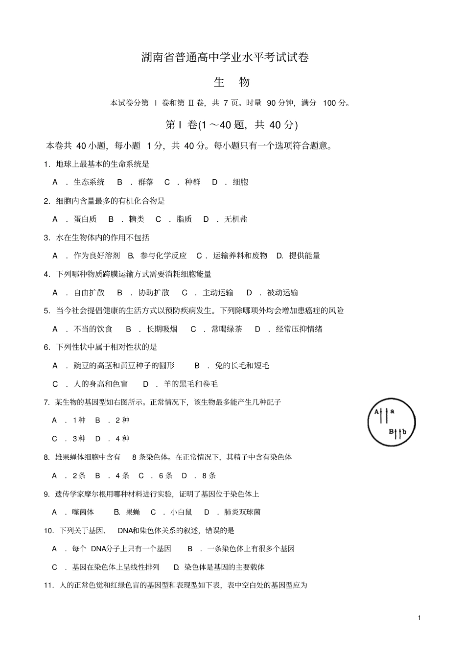 湖南普通高中学业水平考试试卷生物_第1页