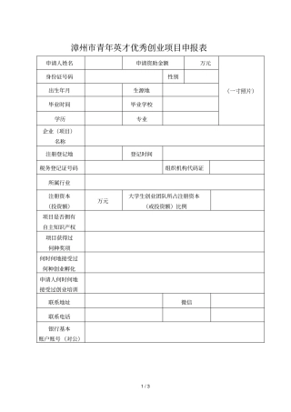漳州青年英才优秀创业项目申报表