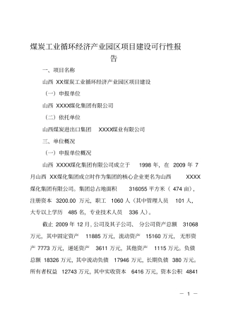 煤炭工业循环经济产业园区项目建设可行性报告