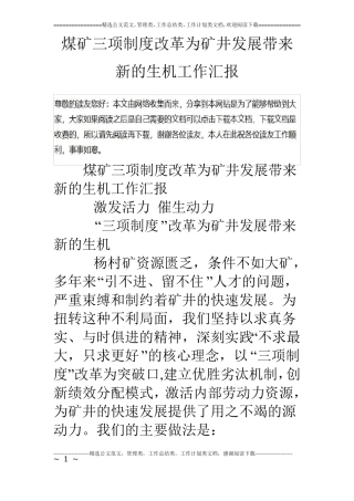煤矿三项制度改革为矿井发展带来新的生机工作汇报
