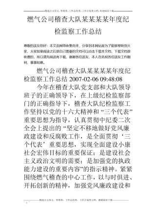 燃气公司稽查大队某某某某年纪检监察工作总结