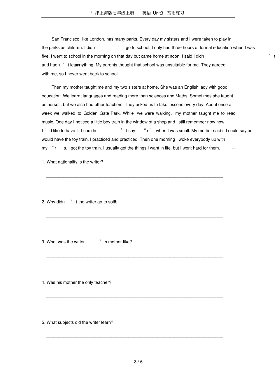 牛津上海版七年级上册英语Unit3基础练习_第3页