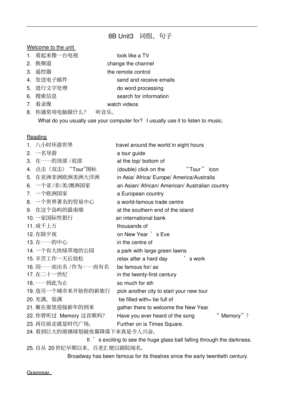 牛津八年级下Unit3词组、句子归纳及默写_第1页