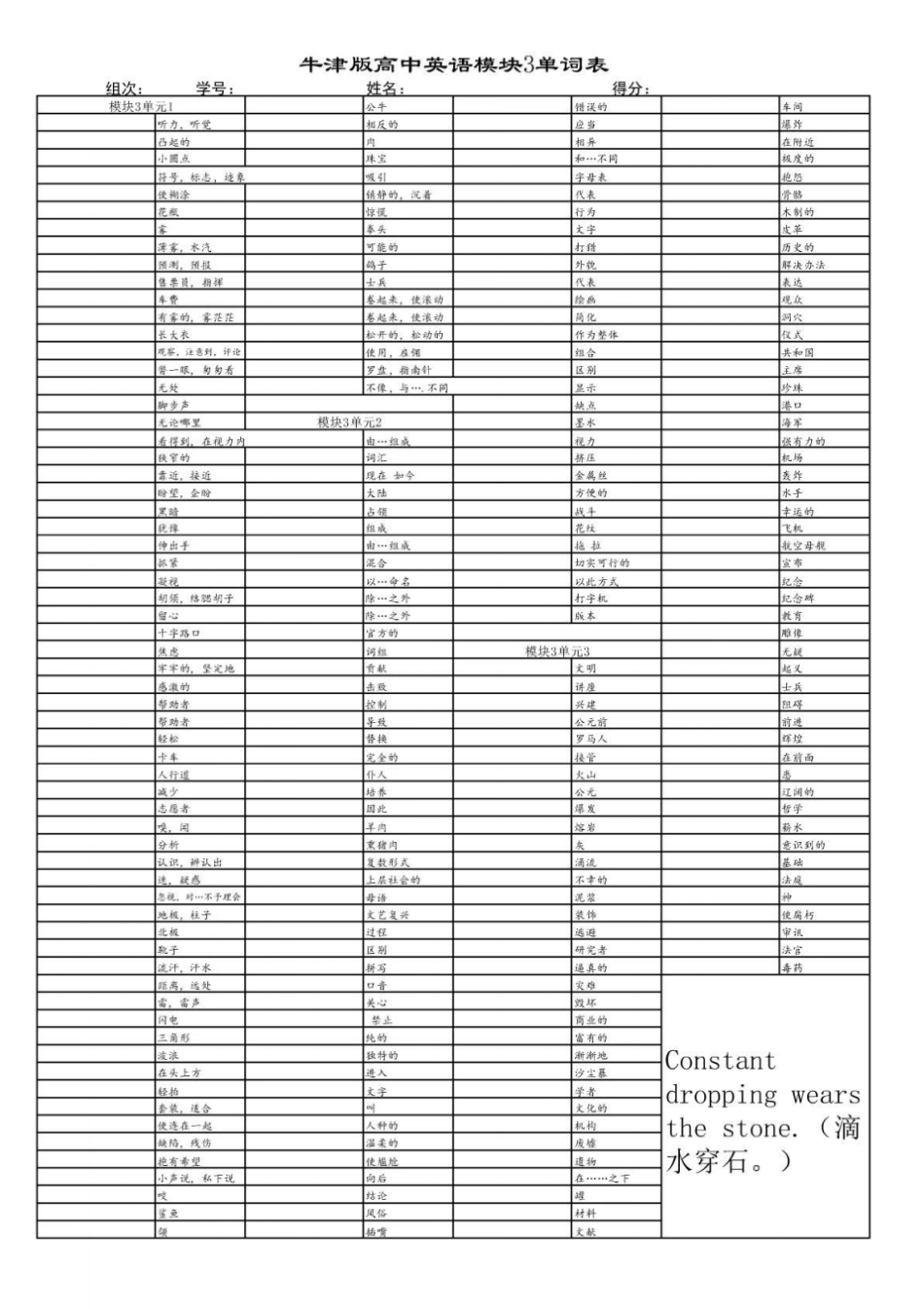 牛津版高中英语模块三模块四单词默写表_第1页