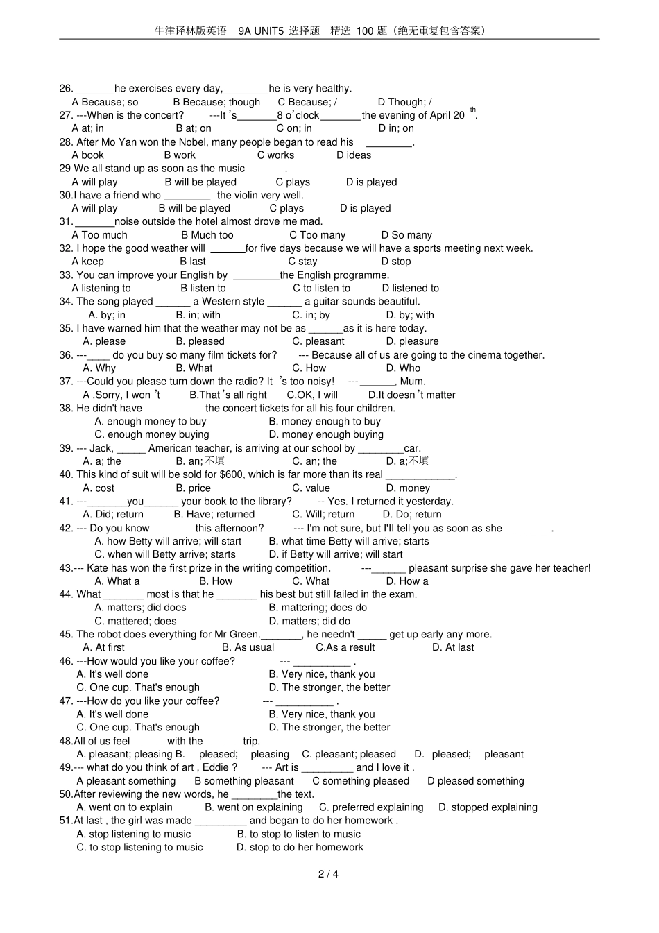 牛津译林版英语9AUNIT5选择题精选100题绝无重复包含答案_第2页