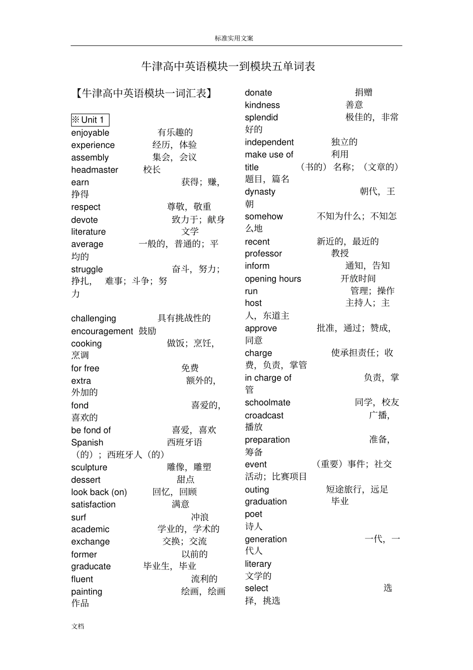 牛津高中英语模块5单词表必修_第1页
