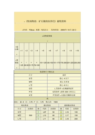牧场物语：矿石镇的伙伴们畜牧资料