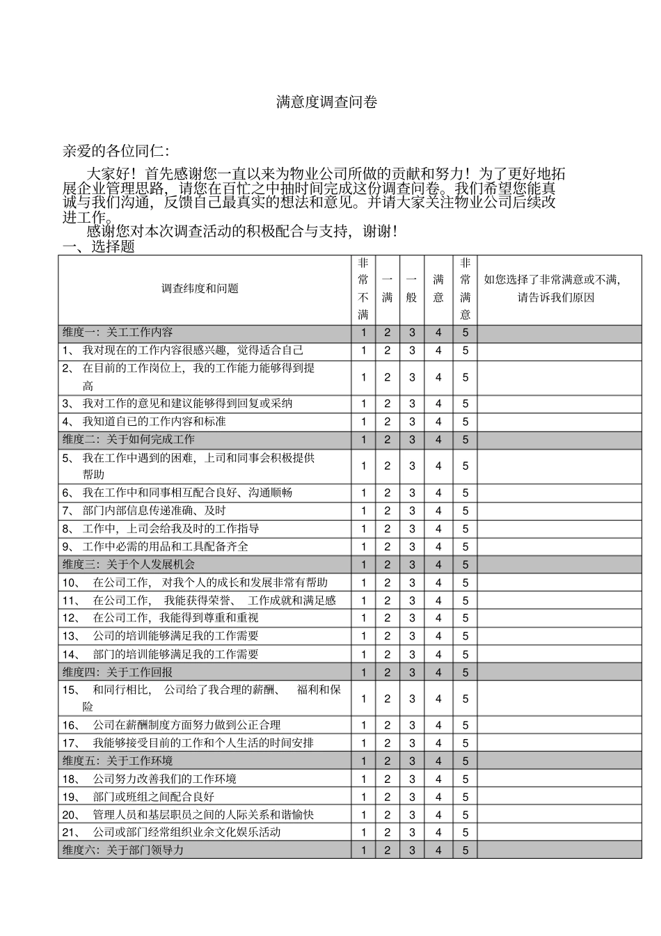 物业管理员工满意度调查问卷_第1页