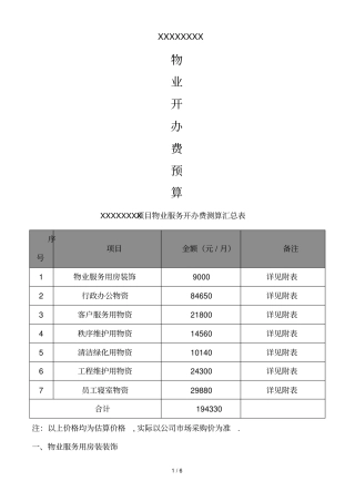 物业项目开办费测算