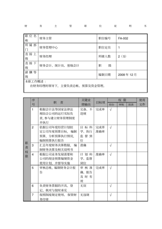 物流公司财务主管职位说明书及关键绩效标准
