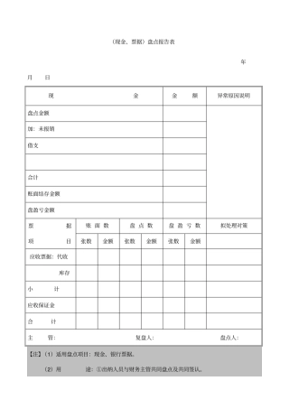 现金票据盘点报告表