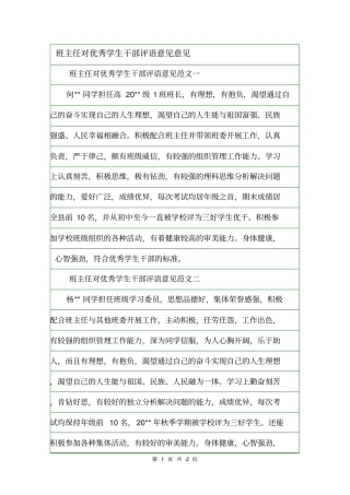 班主任对优秀学生干部评语意见意见
