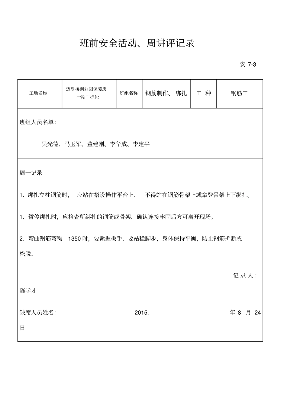 班前安全活动周讲评记录钢筋工_第1页