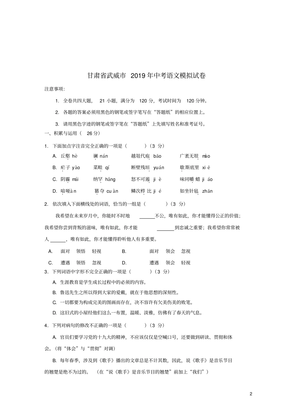甘肃武威2019年中考语文模拟试卷_第2页