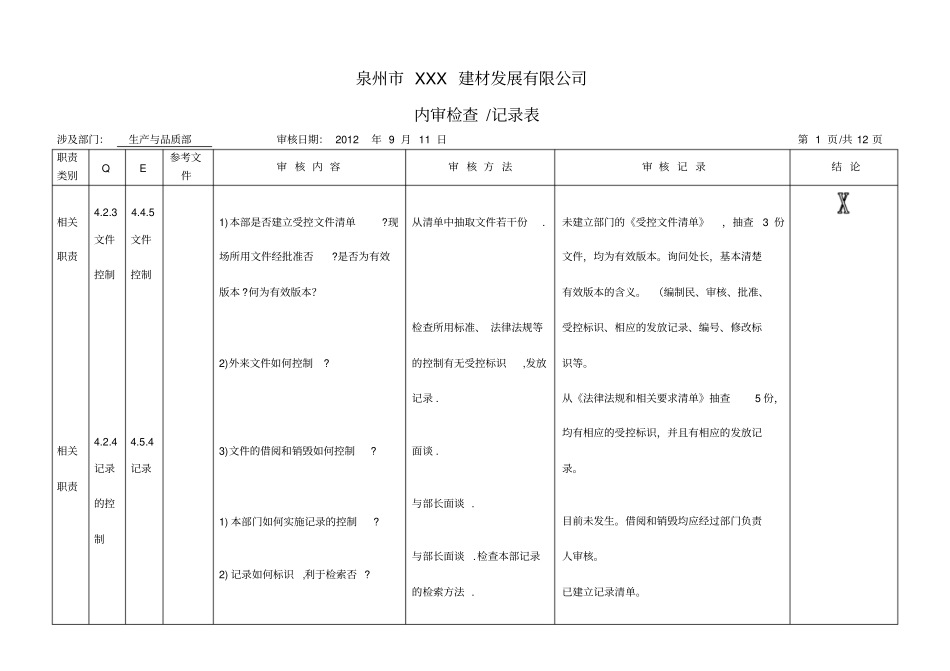 生产技术部内审检查表OK_第1页