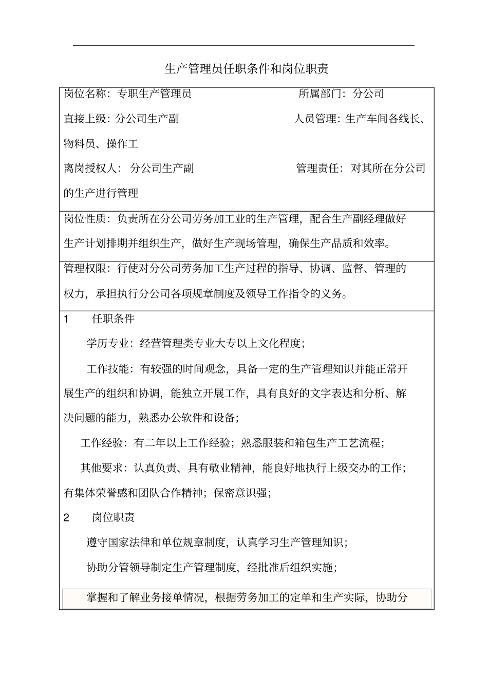 生产管理员任职条件和岗位职责_第1页
