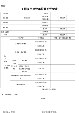 工程项目建设单位履约评价表