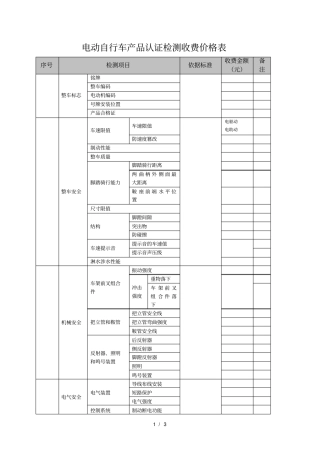 电动自行车产品认证检测收费价格表