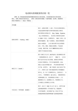 电动转向系统配套供应商一览