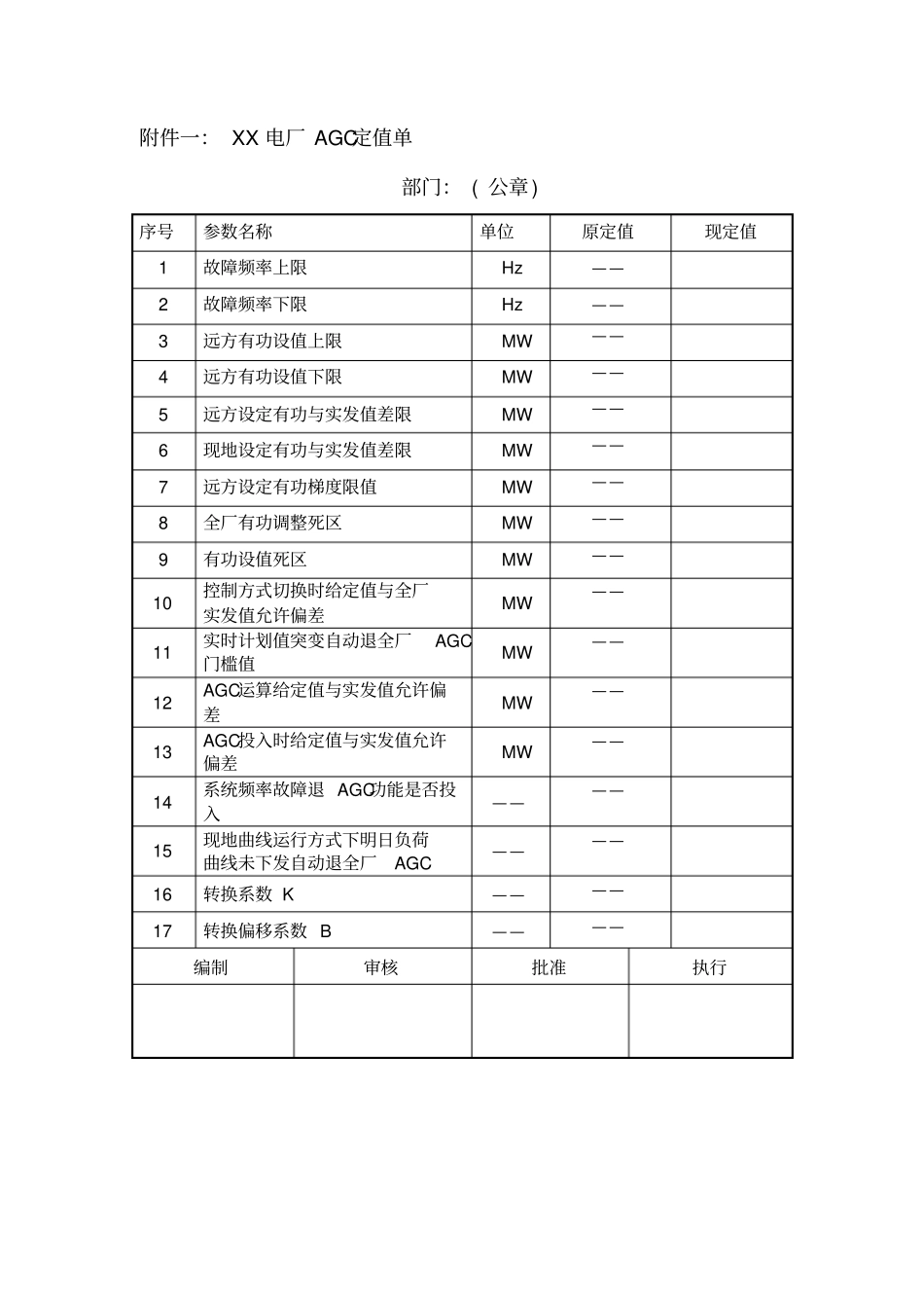 电厂AGC定值单模版、AGC安AGC安全系统测试单以及电厂AGC运行管理系统流程模版_第1页