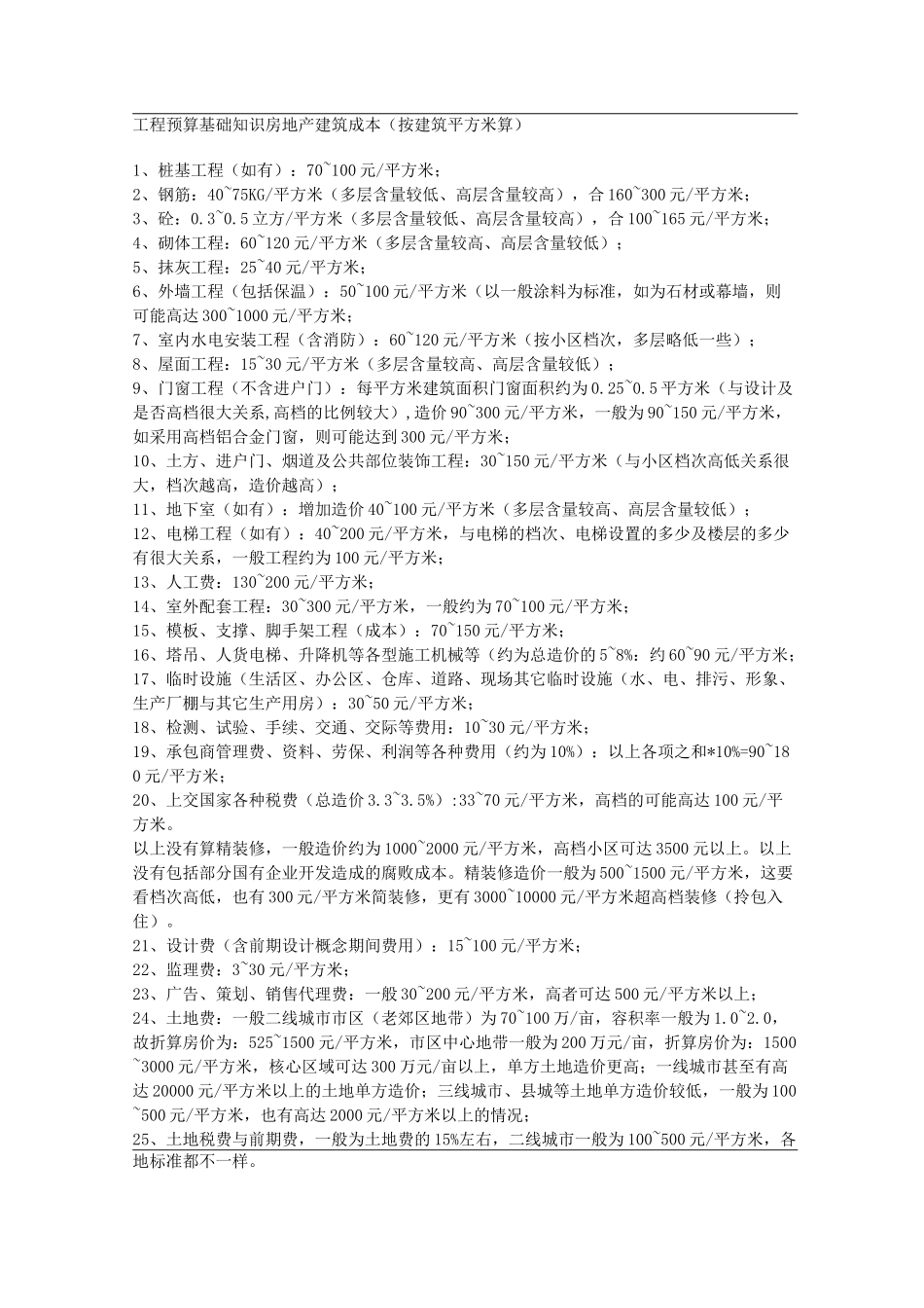 工程预算基础知识与房地产建筑成本(按建筑平方米算)_第1页