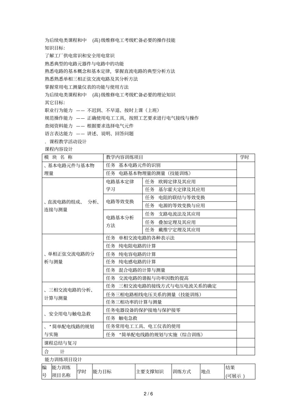电工技术应用课程整体教学设计_第2页