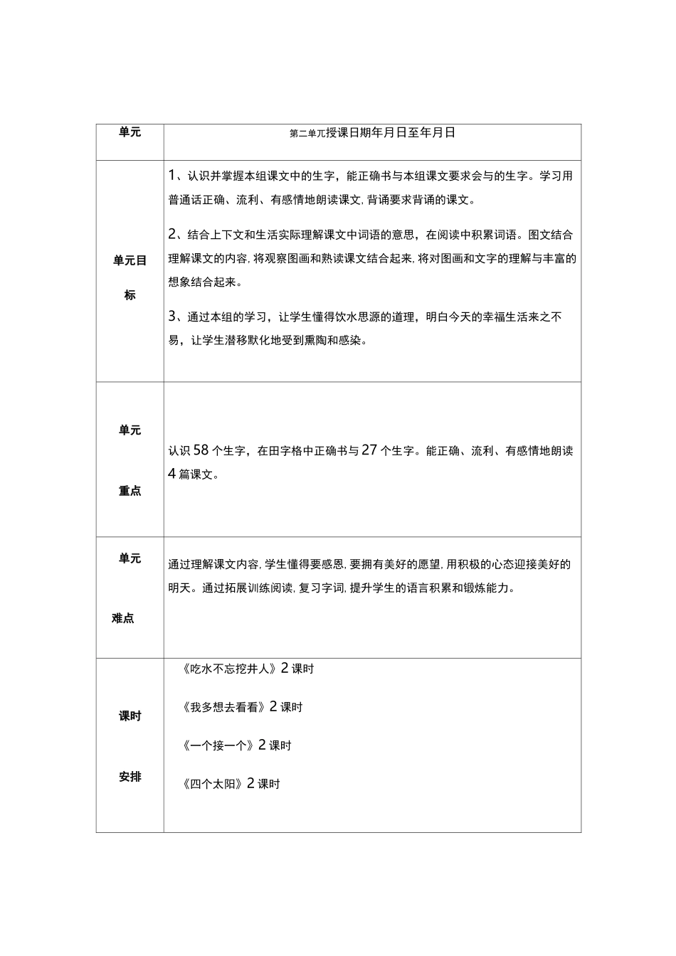 部编本语文一年级下册 单 元 备 课 设 计_第2页