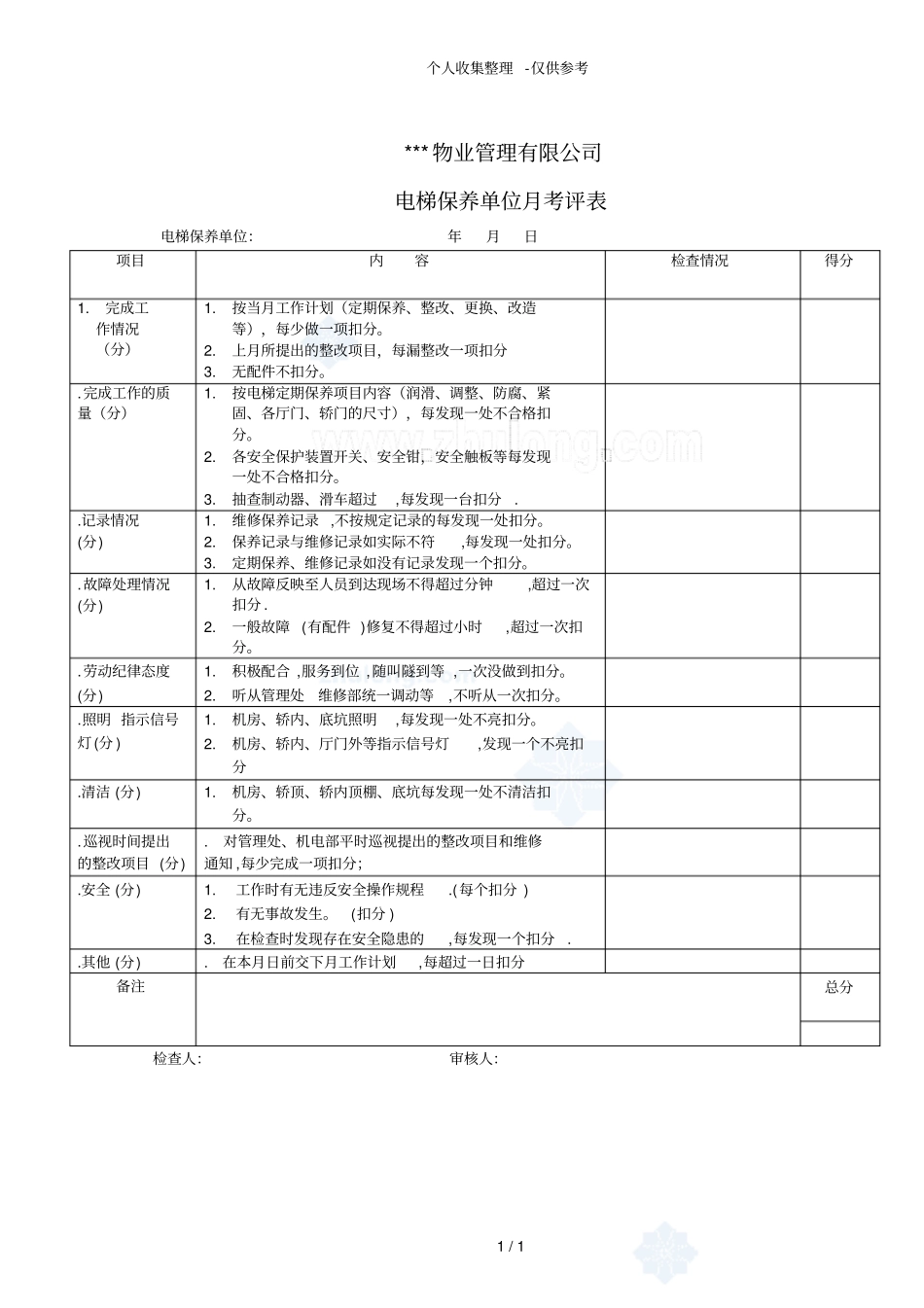 电梯保养单位月考评表_secret_第1页