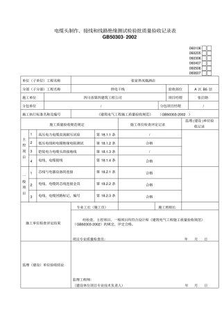 电缆头制作、接线和线路绝缘测试检验批质量验收记录表