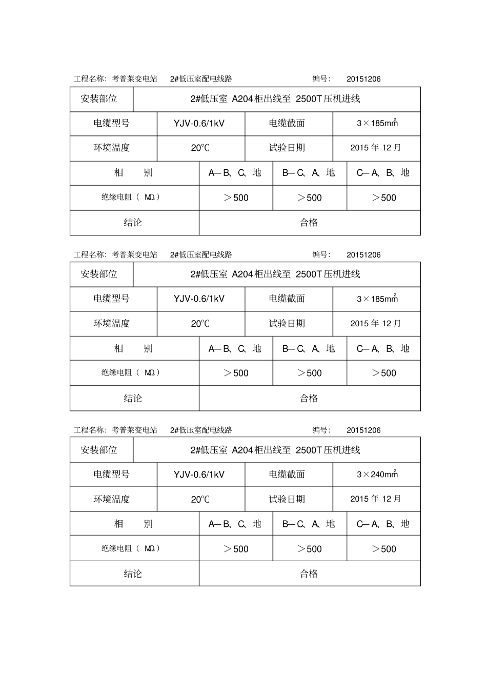 电缆试验报告材料-低压绝缘阻值试验_第3页