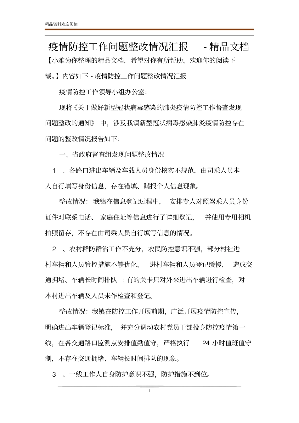 疫情防控工作问题整改情况汇报-精品文档_第1页