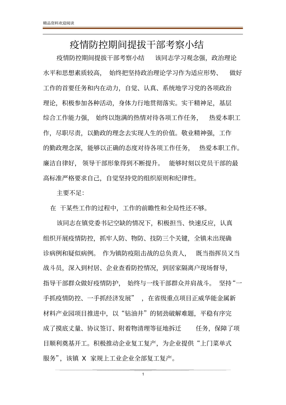 疫情防控期间提拔干部考察小结_第1页