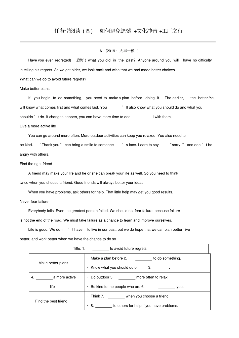 盐城专版2020中考英语复习方案任务型阅读四如何避免遗憾文化冲击工厂之行试题_第1页
