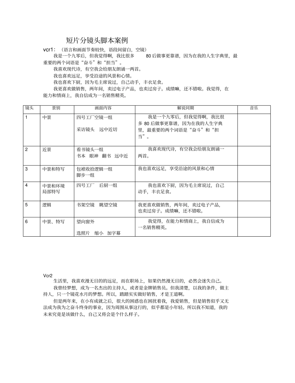 短片VCR分镜头拍摄脚本_第1页