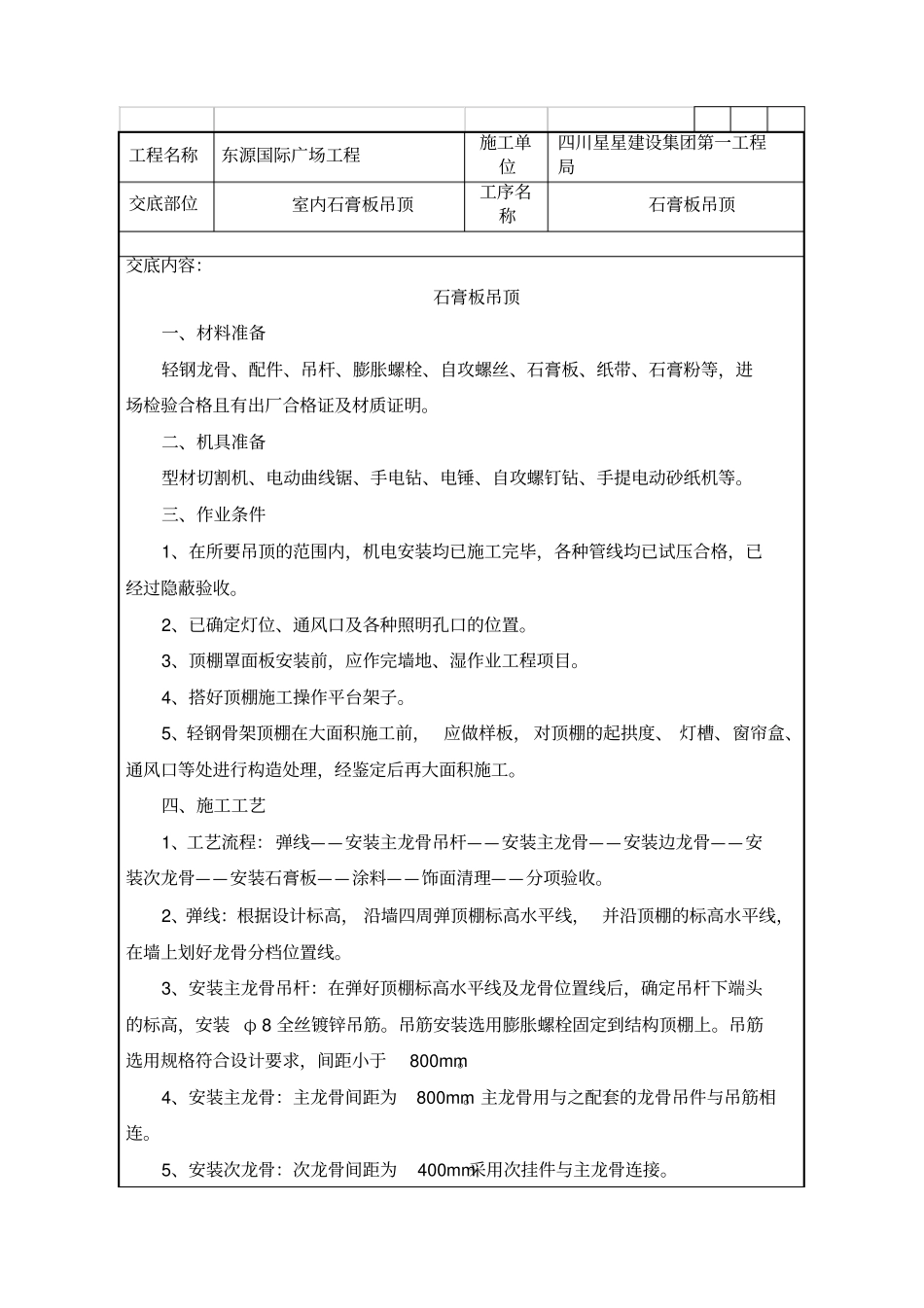 石膏板吊顶施工技术交底_第1页