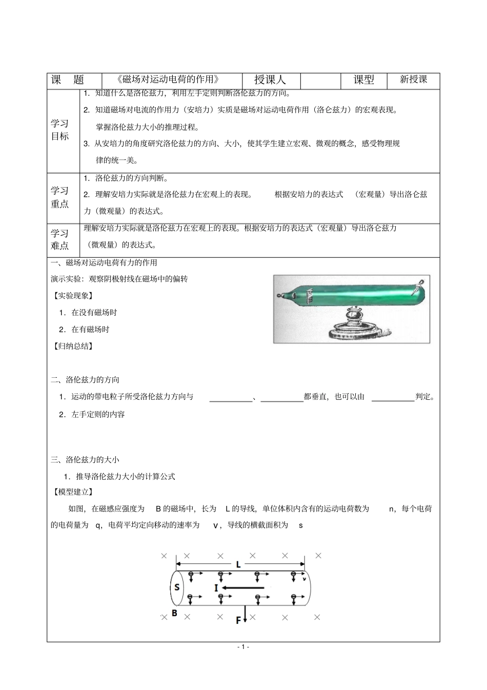 磁场对运动电荷的作用力学案_第1页