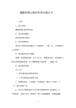 磷酸铁锂正极材料项目建议书