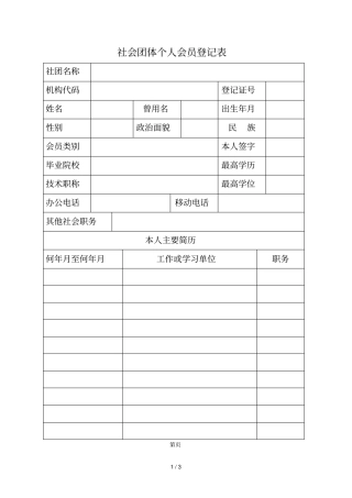社会团体个人会员登记表