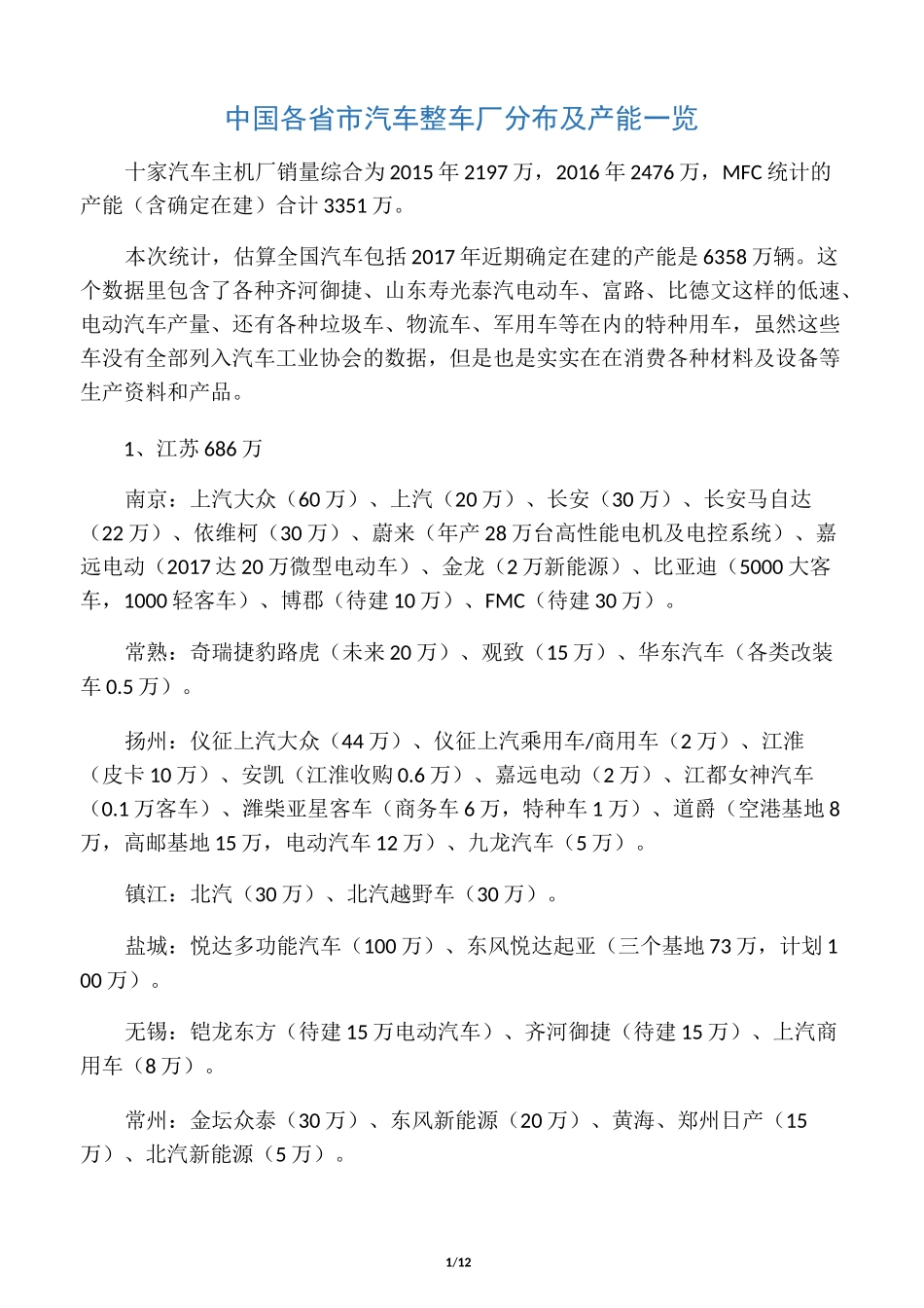 中国各省市汽车整车厂分布及产能一览_第1页